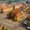 Rynek we Wrocławiu z lotu ptaka – kolorowe kamienice, ratusz i kawiarniane ogródki w centrum miasta