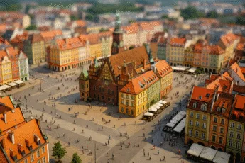 Rynek we Wrocławiu z lotu ptaka – kolorowe kamienice, ratusz i kawiarniane ogródki w centrum miasta