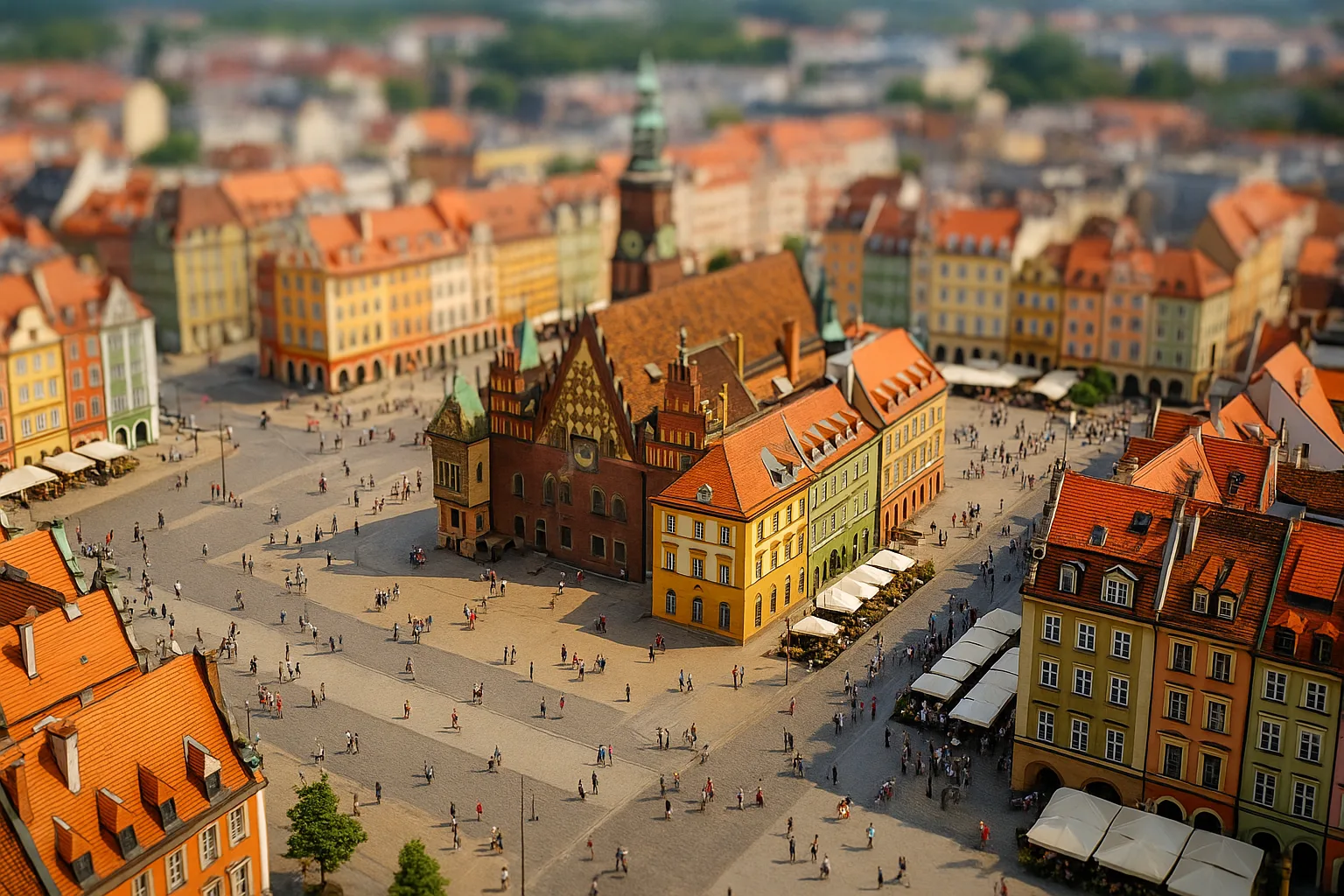 Rynek we Wrocławiu z lotu ptaka – kolorowe kamienice, ratusz i kawiarniane ogródki w centrum miasta