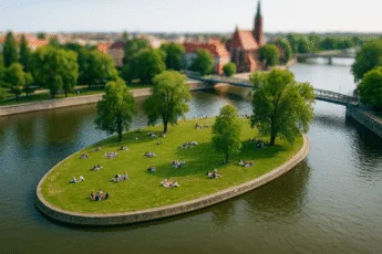 Wyspa Słodowa we Wrocławiu – widok z lotu ptaka w stylu tilt-shift, z osobami odpoczywającymi na trawie