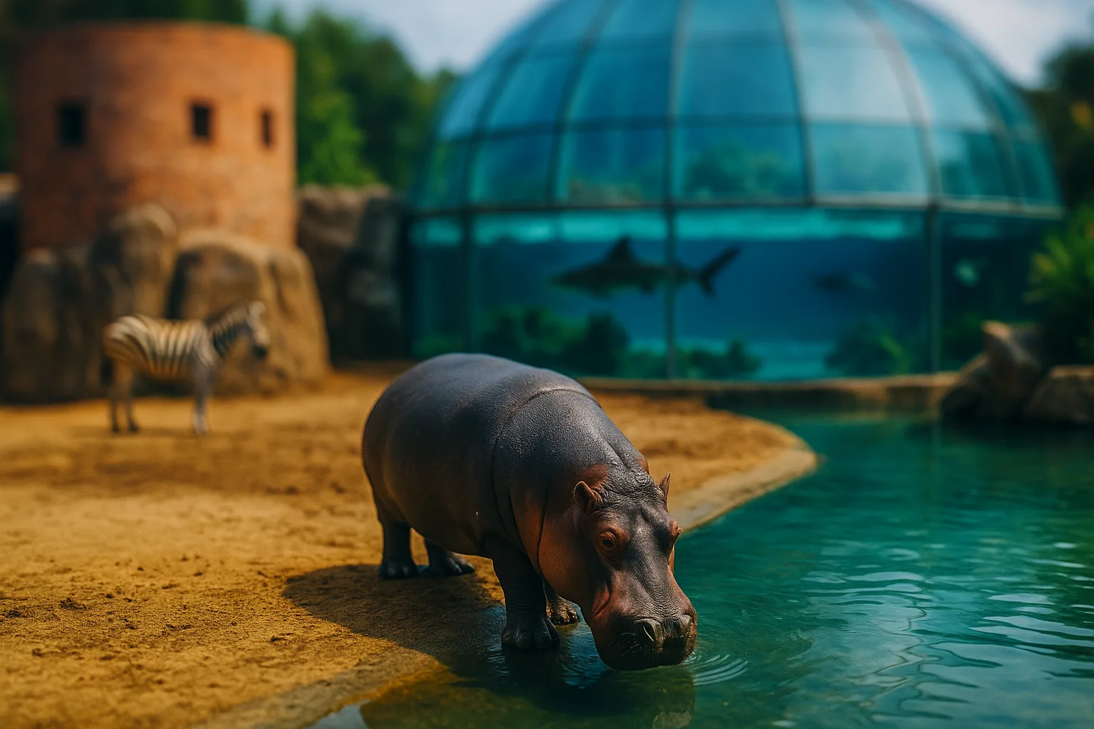 Hipopotam nad wodą w ZOO Wrocław, z Afrykarium i zebrą w tle