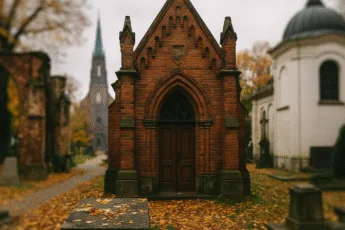 Gotycka ceglasta kaplica Hochberga na cmentarzu we Wrocławiu w jesiennej scenerii – mało znany zabytek sakralny z XIX wieku
