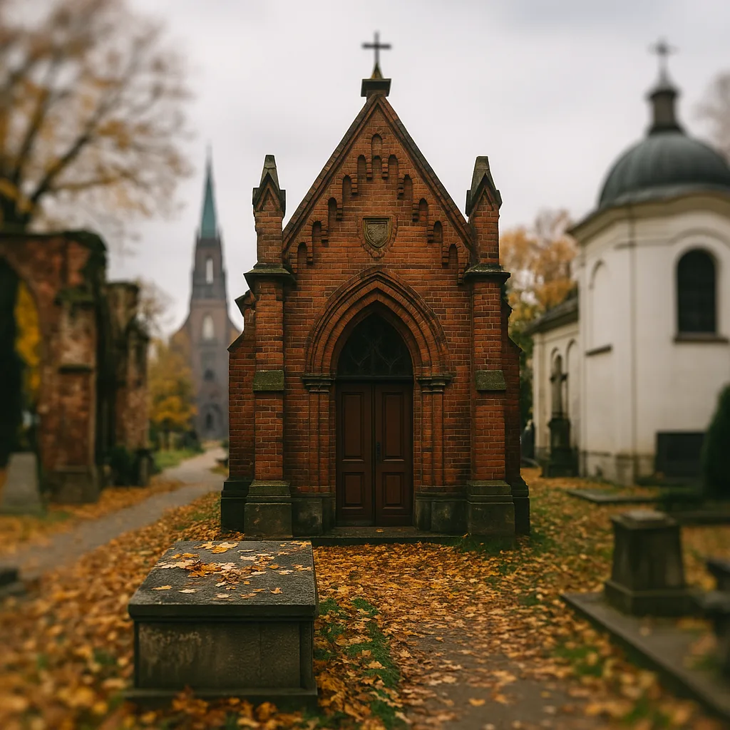 Gotycka ceglasta kaplica Hochberga na cmentarzu we Wrocławiu w jesiennej scenerii – mało znany zabytek sakralny z XIX wieku