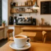 Wnętrze kawiarni we Wrocławiu z drewnianym wystrojem, filiżanką espresso na stoliku i rozmytym tłem z ekspresem do kawy i półkami z książkami