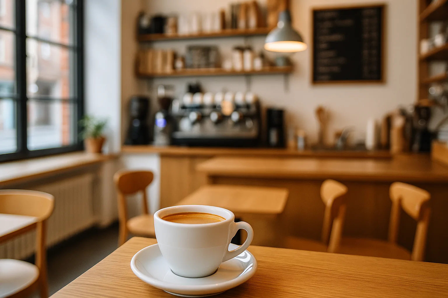 Wnętrze kawiarni we Wrocławiu z drewnianym wystrojem, filiżanką espresso na stoliku i rozmytym tłem z ekspresem do kawy i półkami z książkami