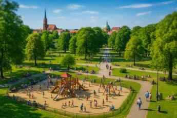 Plac zabaw w zielonym parku we Wrocławiu – dzieci bawią się na zjeżdżalniach, rodziny spacerują i odpoczywają latem na trawie