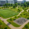 nowoczesna przestrzeń zielona z boiskiem, siłownią plenerową i alejkami w otoczeniu miejskich budynków – zieleń Wrocławia
