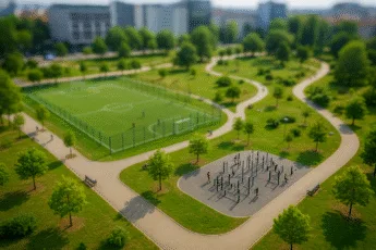 nowoczesna przestrzeń zielona z boiskiem, siłownią plenerową i alejkami w otoczeniu miejskich budynków – zieleń Wrocławia