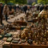 zabytkowe przedmioty na pchlim targu we Wrocławiu – lampa, mosiężne naczynia, stary miś i aparat fotograficzny wśród tłumu kupujących