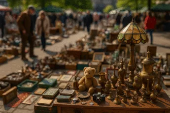 zabytkowe przedmioty na pchlim targu we Wrocławiu – lampa, mosiężne naczynia, stary miś i aparat fotograficzny wśród tłumu kupujących