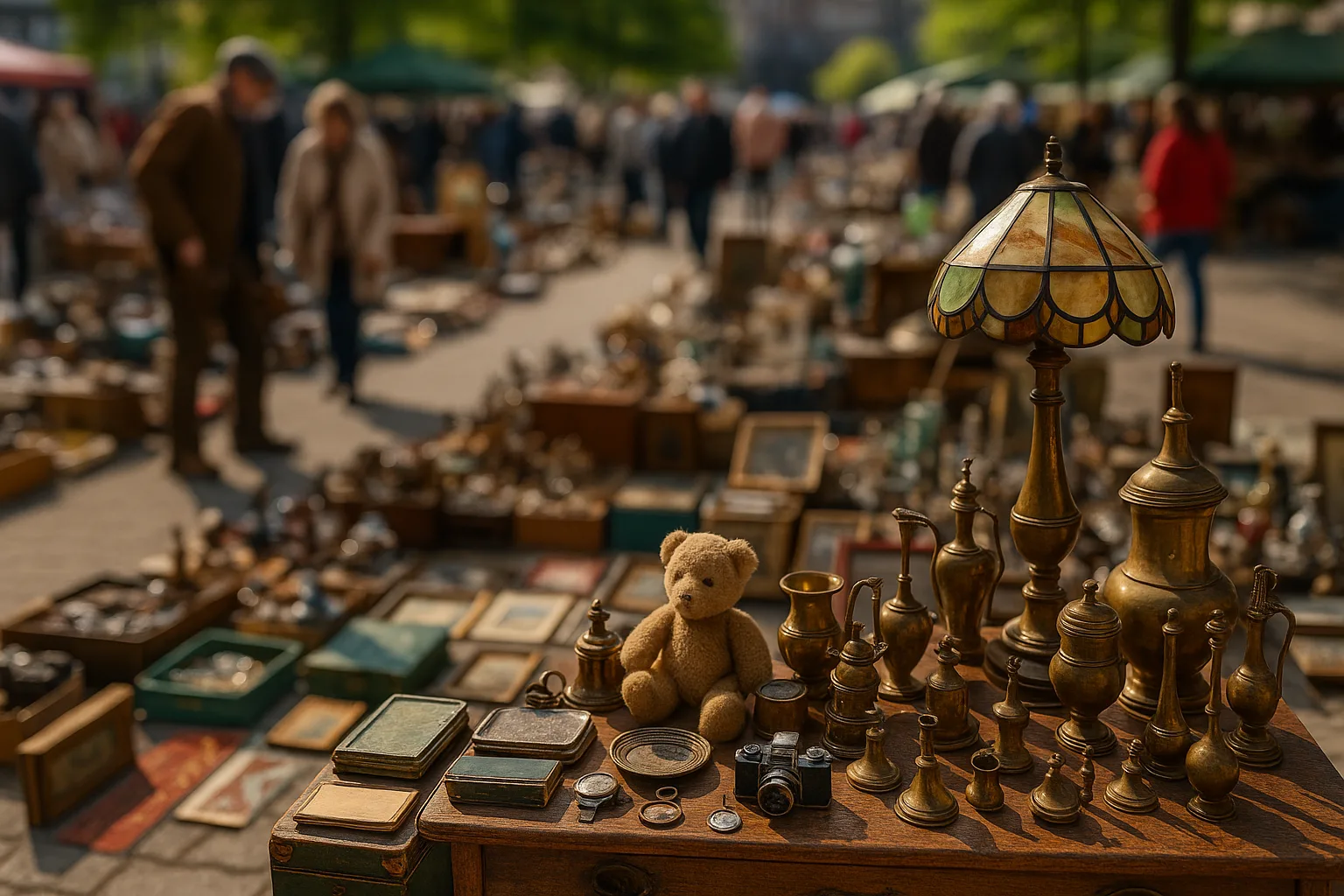zabytkowe przedmioty na pchlim targu we Wrocławiu – lampa, mosiężne naczynia, stary miś i aparat fotograficzny wśród tłumu kupujących