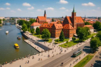 Bulwary nad Odrą we Wrocławiu w sierpniu – spacerujący turyści, zabytkowy tramwaj i rejsy statkami w słoneczny dzień