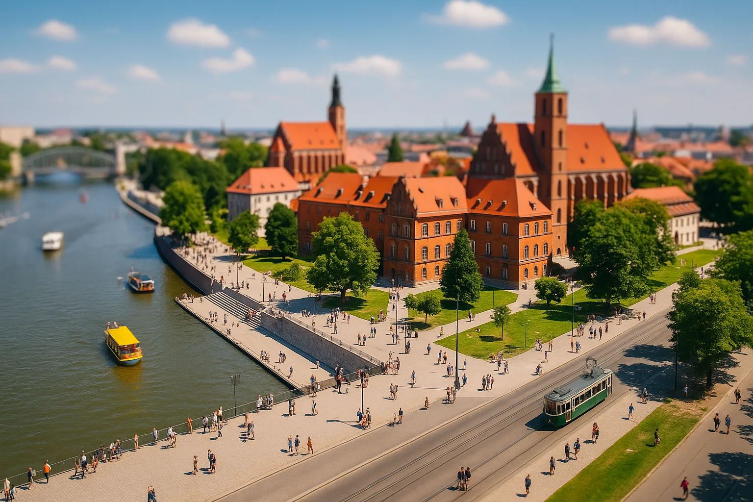 Bulwary nad Odrą we Wrocławiu w sierpniu – spacerujący turyści, zabytkowy tramwaj i rejsy statkami w słoneczny dzień