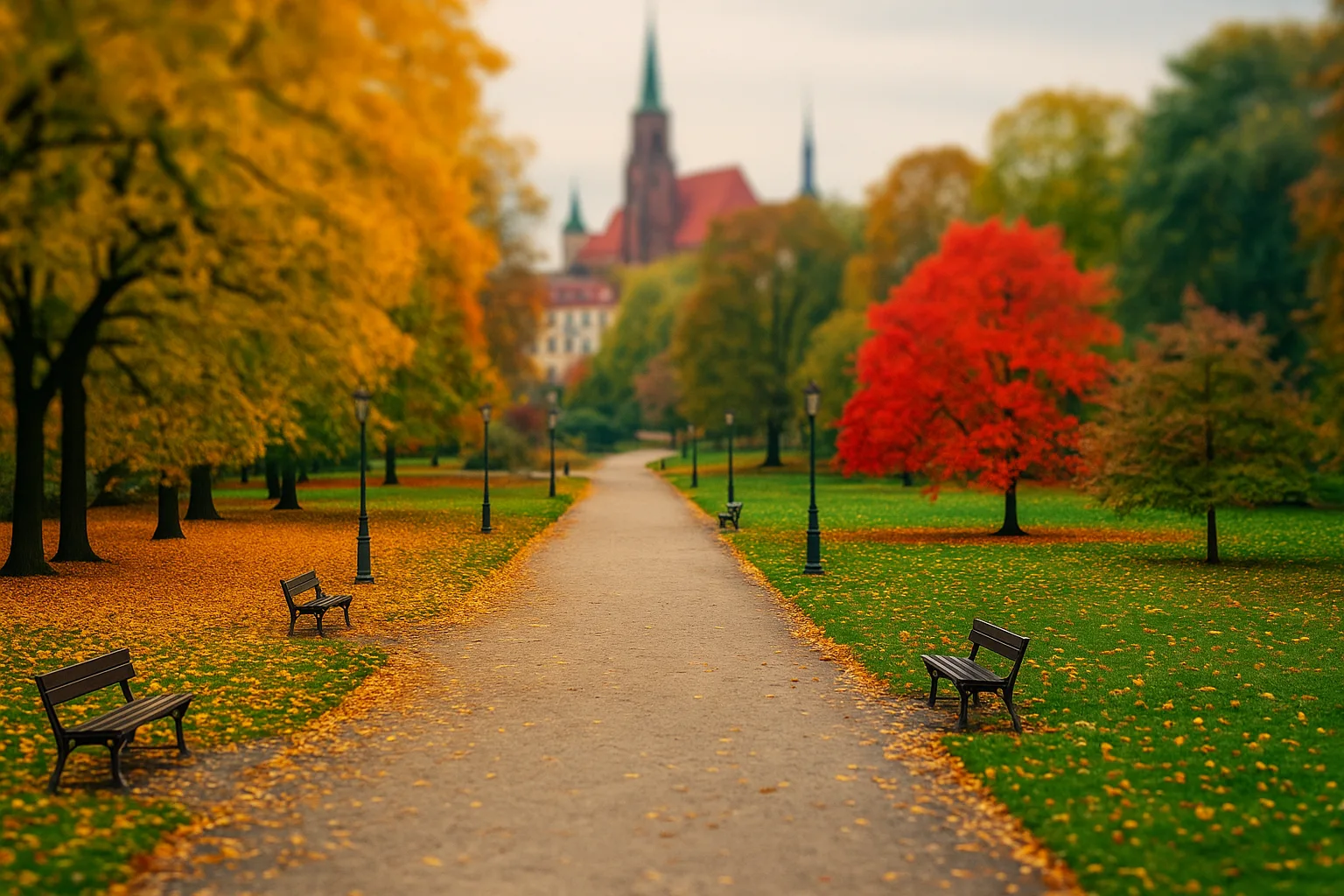 Jesienny park we Wrocławiu z alejką spacerową, kolorowymi liśćmi i widokiem na zabytkowy kościół w tle