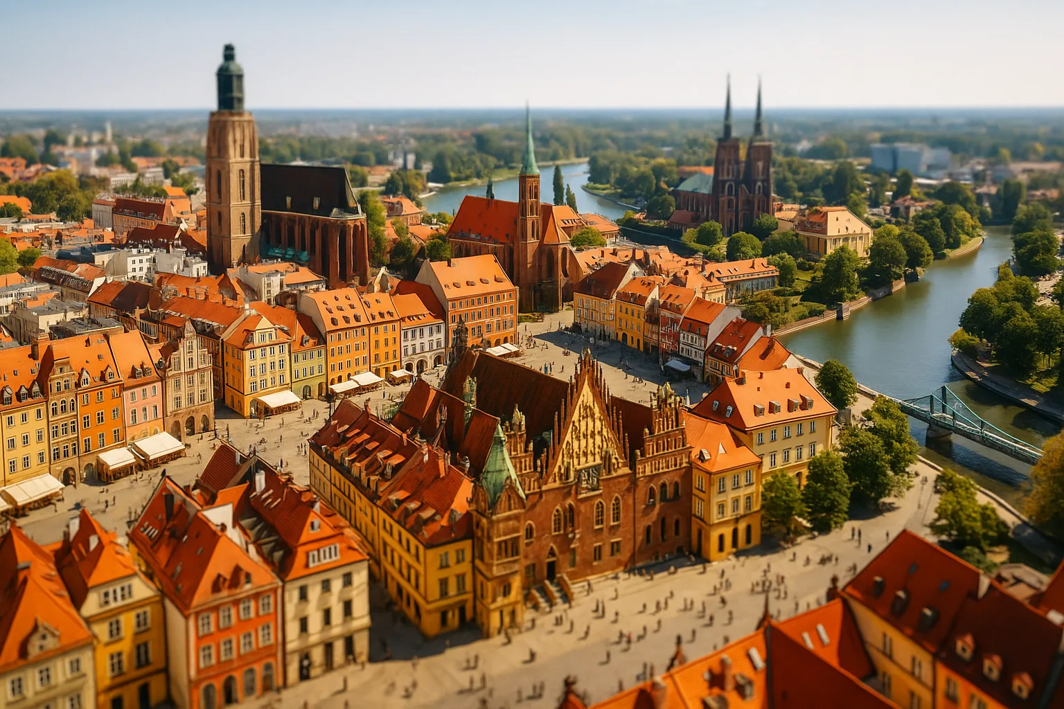 Panorama Wrocławia we wrześniu – Rynek, Ostrów Tumski i Odra w słoneczny dzień, idealne warunki na city break i długi weekend
