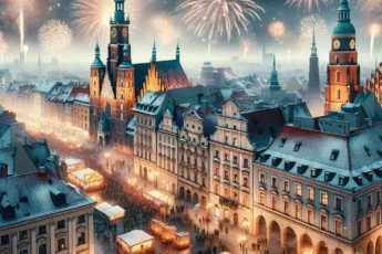 Widok na Wrocław w Sylwestra, z fajerwerkami na niebie