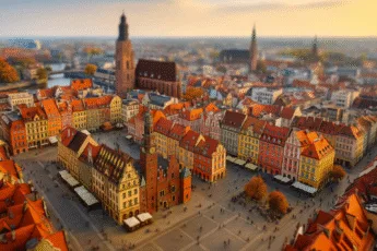 Rynek we Wrocławiu w listopadzie – jesienne światło, ratusz i kolorowe kamienice z lotu ptaka