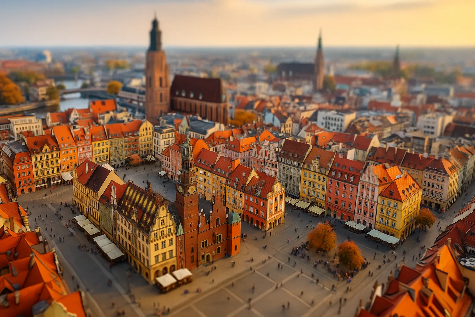 Rynek we Wrocławiu w listopadzie – jesienne światło, ratusz i kolorowe kamienice z lotu ptaka