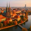 Ostrów Tumski we Wrocławiu w październiku – złote liście, zachód słońca, widok na katedrę i Odrę