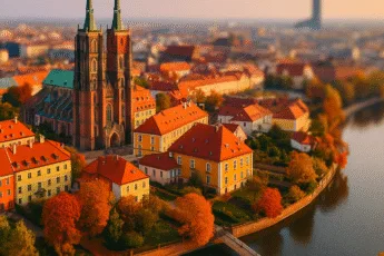 Ostrów Tumski we Wrocławiu w październiku – złote liście, zachód słońca, widok na katedrę i Odrę