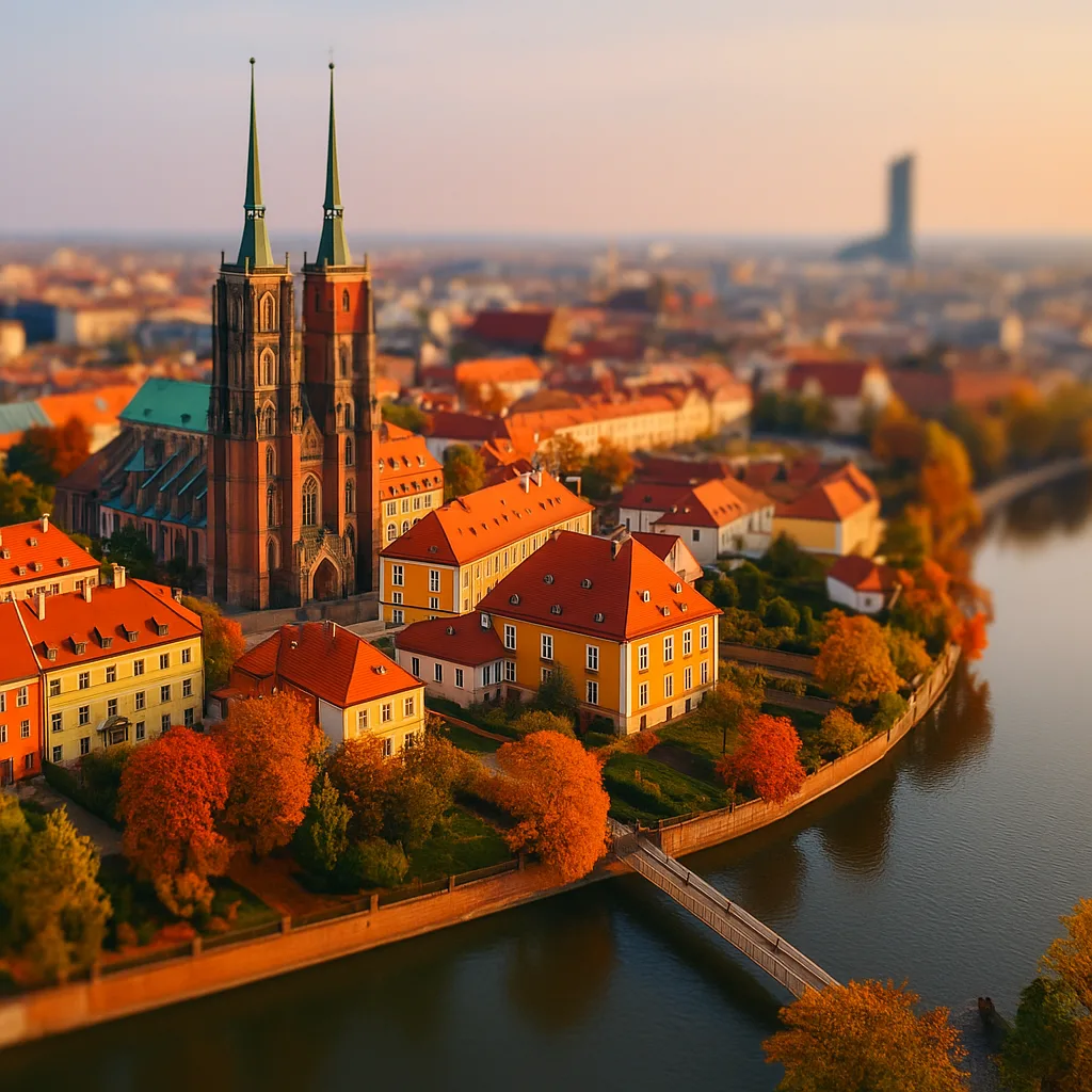 Ostrów Tumski we Wrocławiu w październiku – złote liście, zachód słońca, widok na katedrę i Odrę