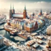 Zimowy widok Wrocławia w styczniu 2024 roku, z zasypanymi śniegiem zabytkowymi budynkami i lodowatą rzeką Odrą.