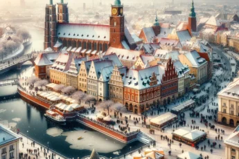 Zimowy widok Wrocławia w styczniu 2024 roku, z zasypanymi śniegiem zabytkowymi budynkami i lodowatą rzeką Odrą.