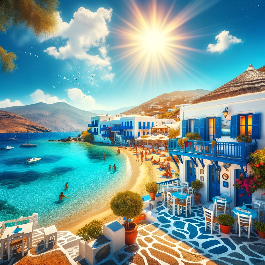 Malowniczy letni widok w Grecji: piękna plaża z krystalicznie czystą wodą, tradycyjna biała i niebieska architektura w tle, żywe słońce na niebie, i turyści cieszący się spokojnym otoczeniem.