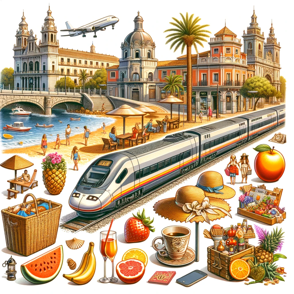 Elementy wakacji w Hiszpanii: plaże, rynki, pociągi, restauracje