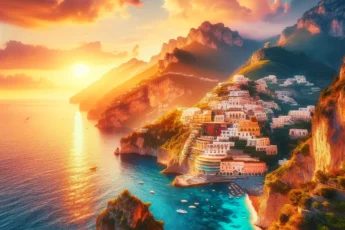 Zachód słońca nad wybrzeżem Amalfi we Włoszech