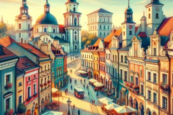 Widok na historyczną architekturę Lublina z kolorowymi budynkami i Bramą Krakowską, odzwierciedlający żywą i kulturalną atmosferę miasta.