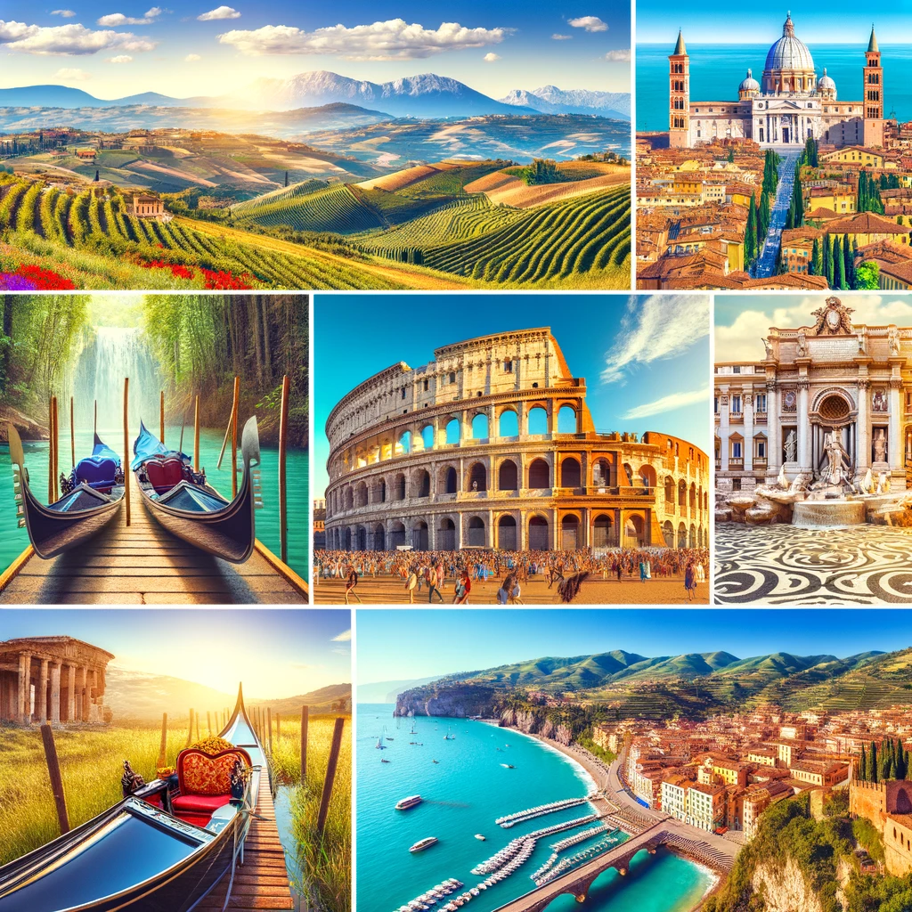 Kolaż popularnych włoskich letnich destynacji: Toskania, Wenecja, Koloseum w Rzymie, Wybrzeże Amalfi