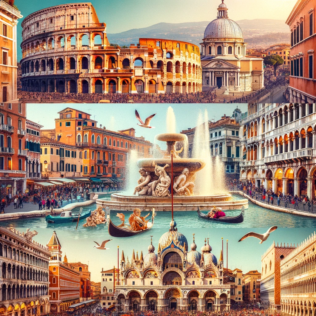 Kolaż ikonicznych zabytków Włoch: Koloseum w Rzymie, Piazza San Marco w Wenecji, Fontanna di Trevi w Rzymie