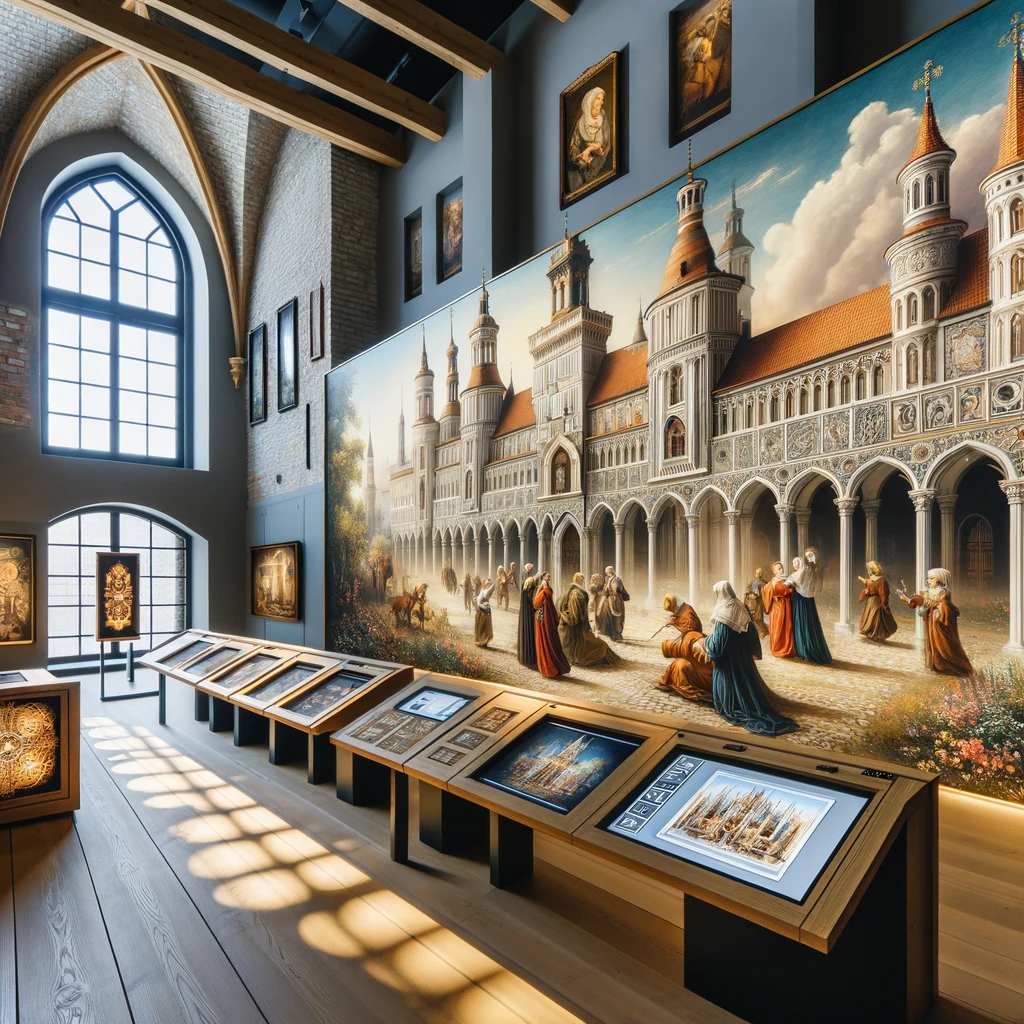 Wystawa w Zamku Lubelskim przedstawiająca eksponaty historyczne i artystyczne, odzwierciedlająca gotycką i renesansową architekturę.