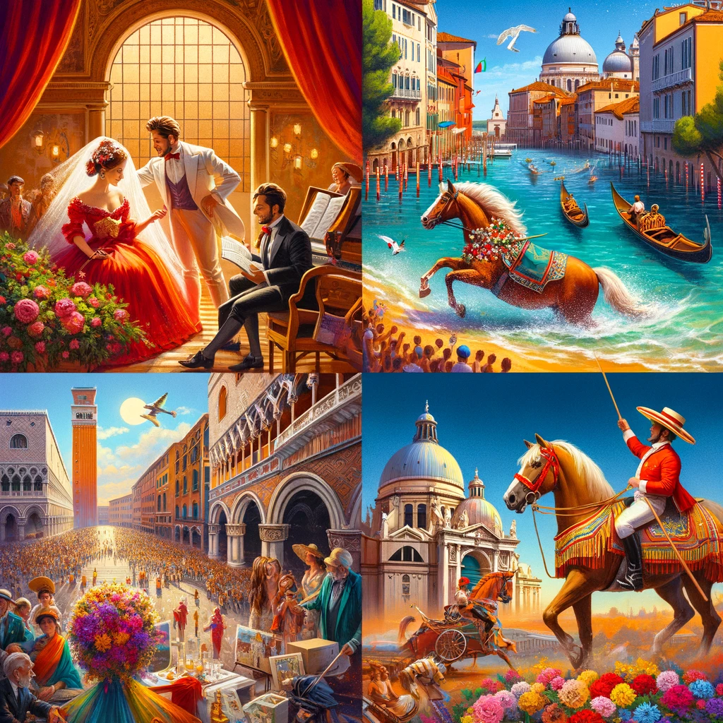 Kolaż przedstawiający letnią kulturę Włoch: opera w Veronie, wystawy sztuki w Wenecji, tradycyjne wyścigi konne w Sienie i koncerty na świeżym powietrzu w Rzymie