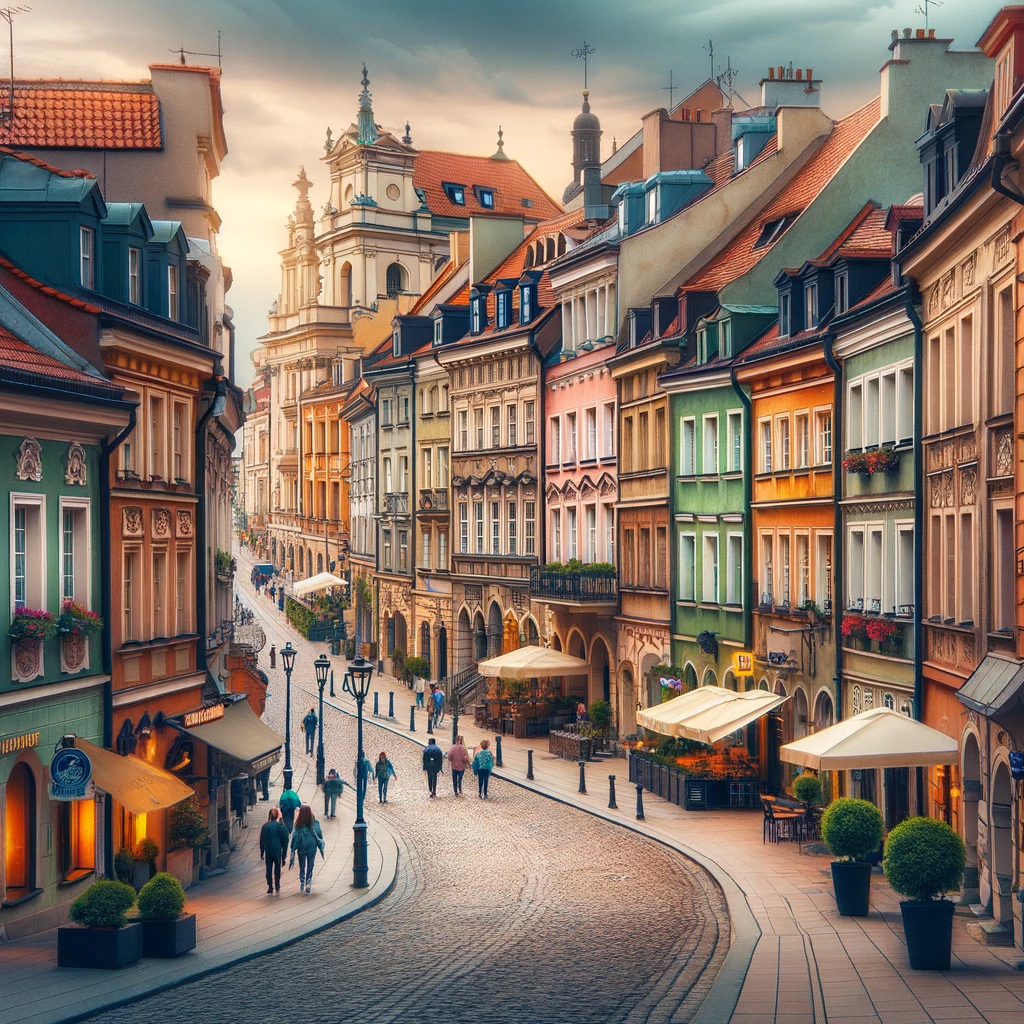 Malownicze uliczki Starego Miasta w Lublinie z kolorowymi kamienicami i brukowanymi drogami, odzwierciedlające historyczny charakter miasta.