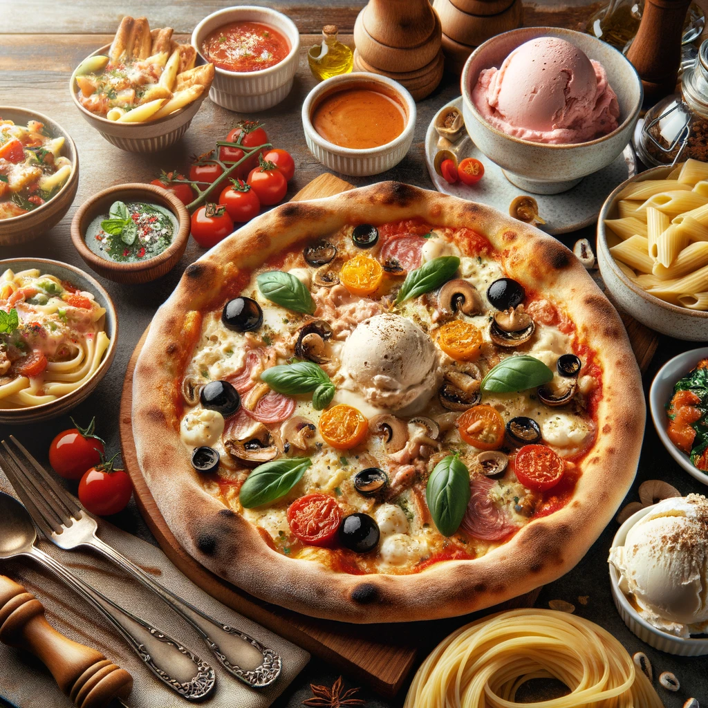 Wybór włoskich dań kulinarnych: tradycyjna pizza neapolitańska, kremowa pasta Carbonara, bogate risotto i różne smaki gelato