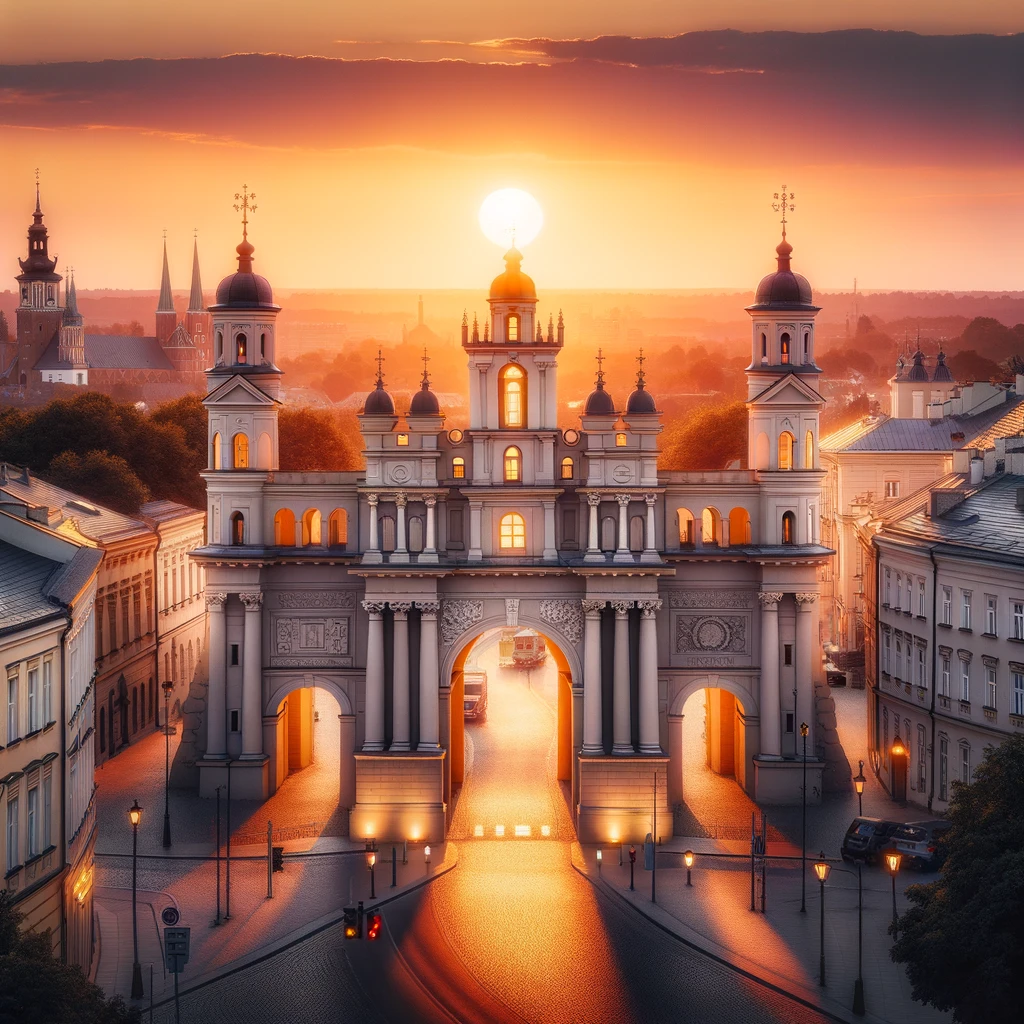 Zachód słońca nad Bramą Krakowską w Lublinie, podkreślający jej historyczną architekturę i rolę jako bramy do Starego Miasta.
