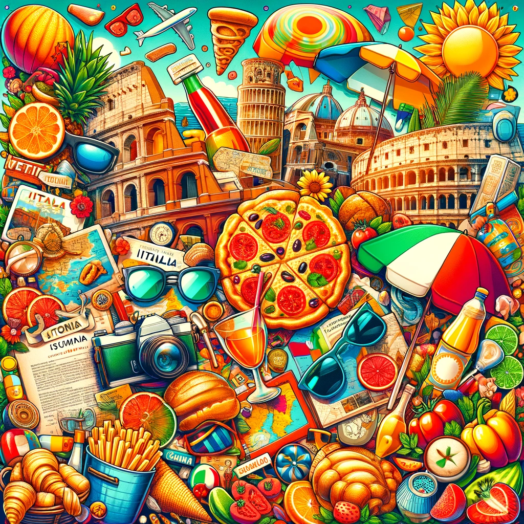 Kolaż podsumowujący letnie doświadczenia we Włoszech: przygotowania do podróży, mapy, okulary przeciwsłoneczne, lekka odzież, włoska kuchnia, historyczne zabytki i słoneczne plaże