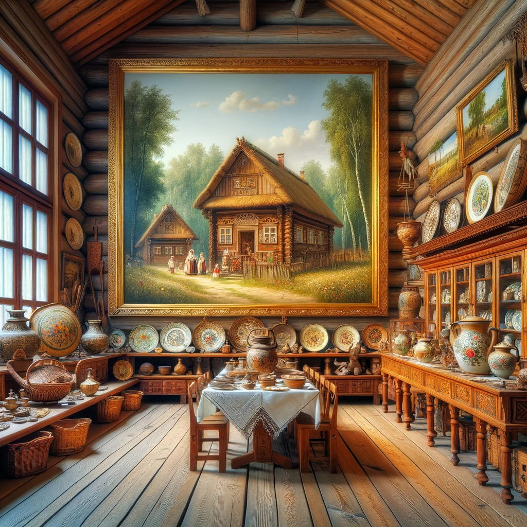 Ekspozycja w Muzeum Wsi Lubelskiej z drewnianymi budynkami i elementami sztuki ludowej, ukazująca bogactwo kultury regionu.