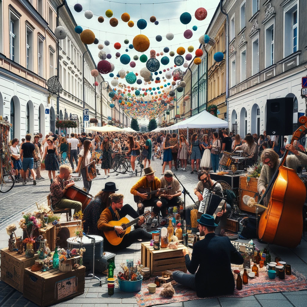 Tłum ludzi bawiących się na festiwalu w Lublinie, z artystami ulicznymi i kolorowymi dekoracjami, odzwierciedlającym kreatywny duch miasta.