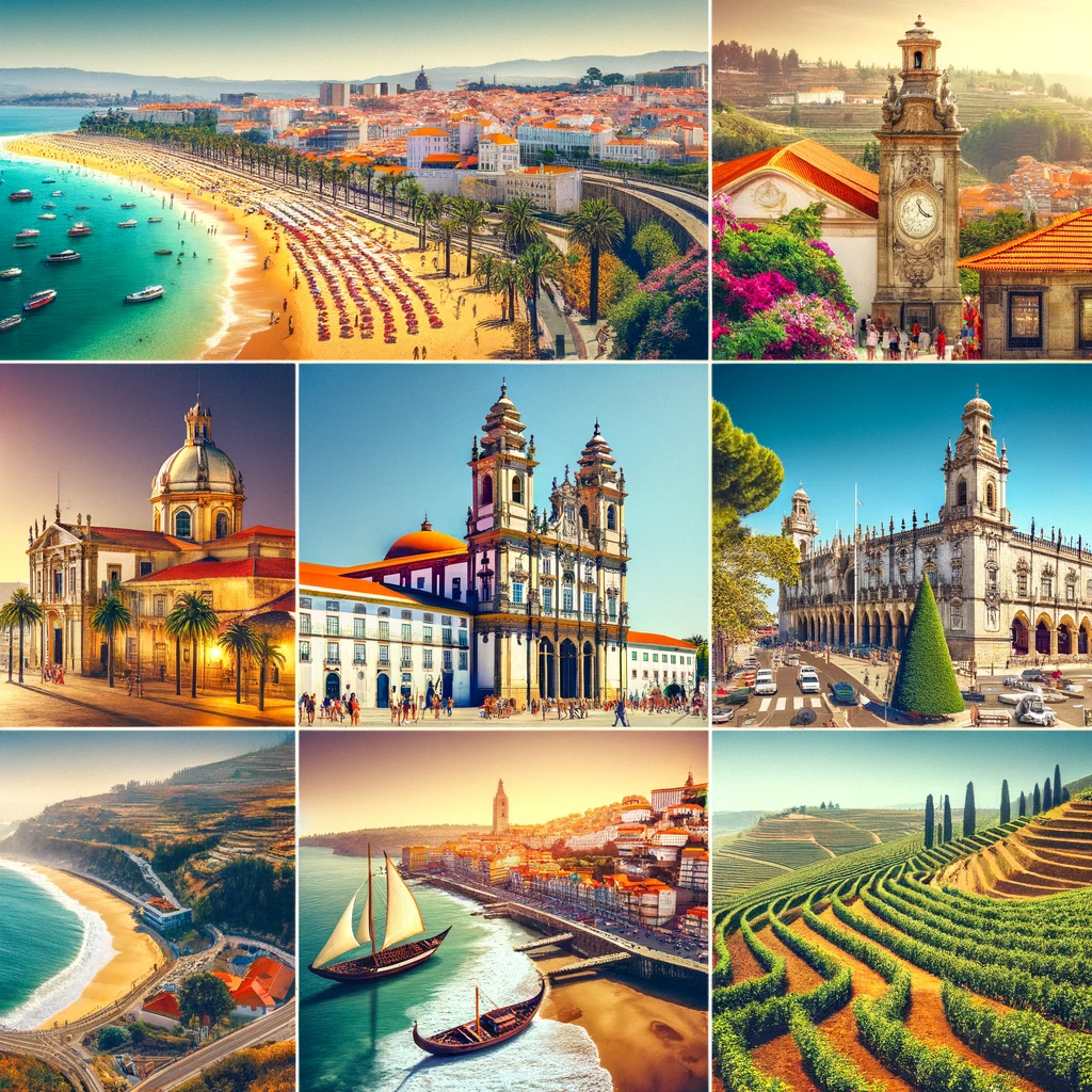 Kolaż różnorodnych atrakcji Portugalii latem: malownicze plaże Algarve, historyczne centra Lizbony i Porto, winnice Doliny Douro.