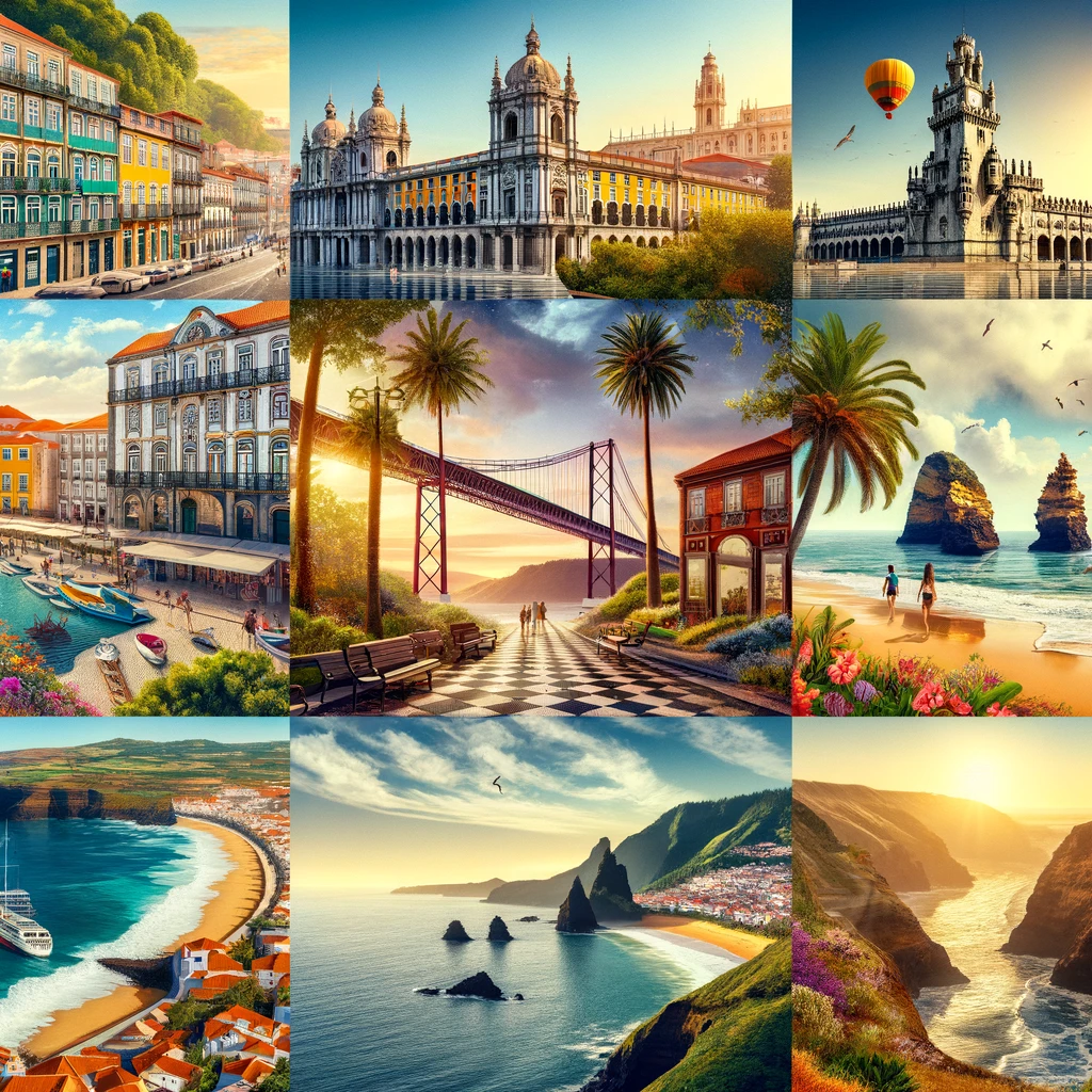Kolaż przedstawiający miejsca docelowe podróży w Portugalii: tętniącą życiem Lizbonę z historycznymi dzielnicami, malownicze miasto Porto i słynny most, zapierające dech w piersiach plaże i klify Algarve, bujne krajobrazy Madery oraz naturalne piękno Wysp Azorskich.