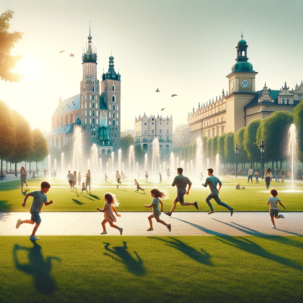 Rodzina bawiąca się w parku w Lublinie, dzieci biegające po trawnikach i bawiące się przy fontannach.
