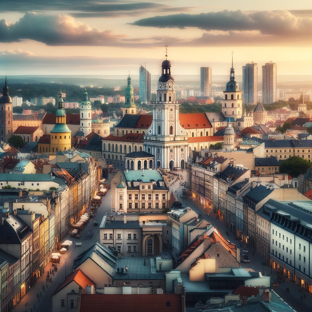 Panoramiczny widok Lublina, łączący stare budynki z nowoczesną architekturą, symbolizujący mieszankę tradycji i nowoczesności.