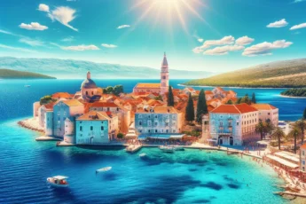 Piękny letni krajobraz Chorwacji: błękitne morze i historyczne budynki