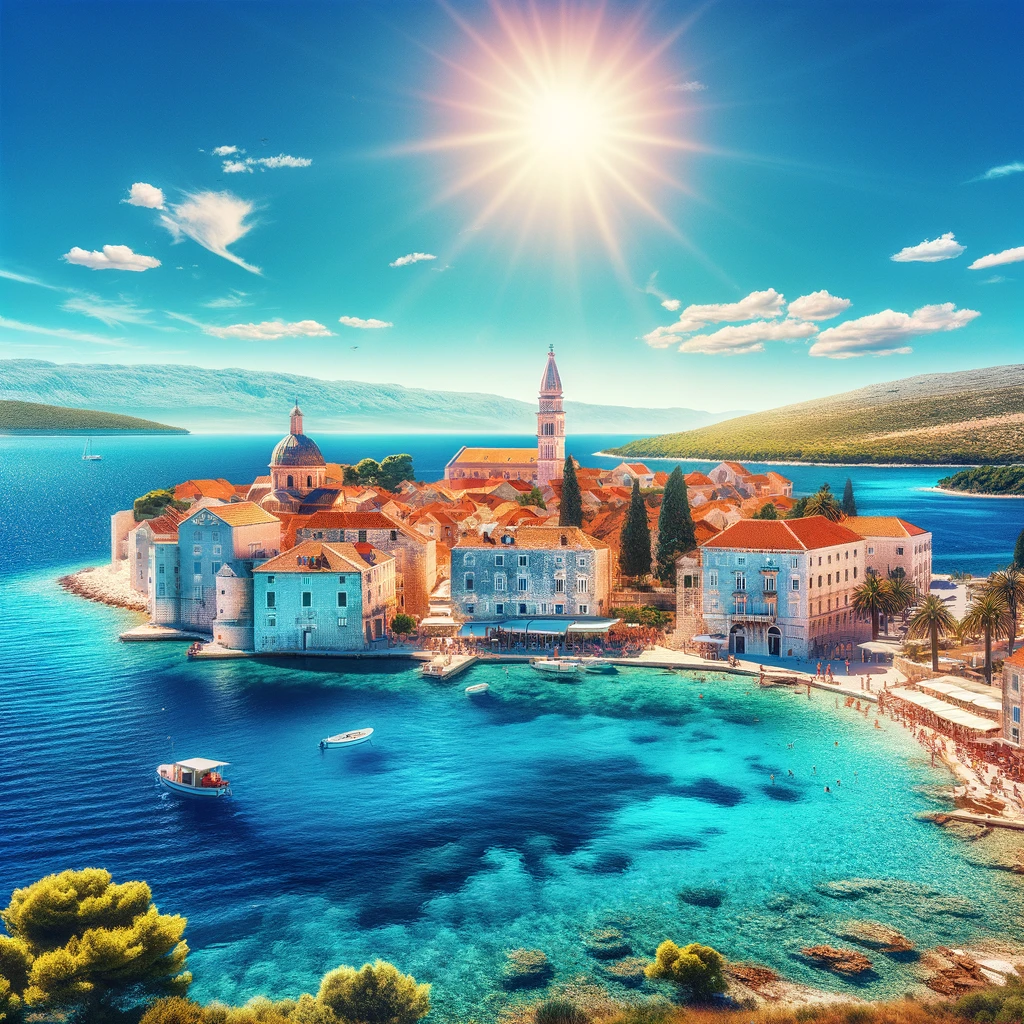 Piękny letni krajobraz Chorwacji: błękitne morze i historyczne budynki