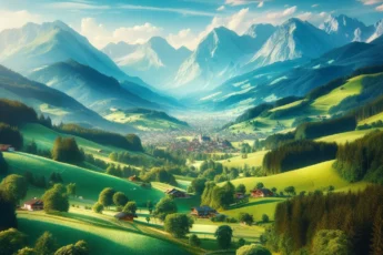 Letni krajobraz Austrii z zielonymi wzgórzami i górami