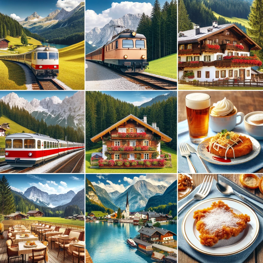 Kolaż wakacji letnich w Austrii: malownicze podróże pociągiem, przytulne górskie pensjonaty, tradycyjne austriackie kawiarnie i potrawy, takie jak schnitzel i strudel, oraz spokojne krajobrazy naturalne
