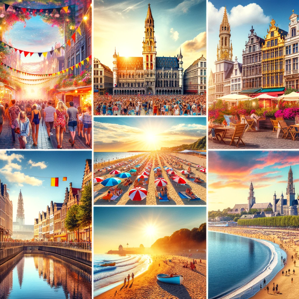 Kolaż przedstawiający lato w Belgii, z festiwalem ulicznym, plażą nad Morzem Północnym i widokiem na belgijskie miasto